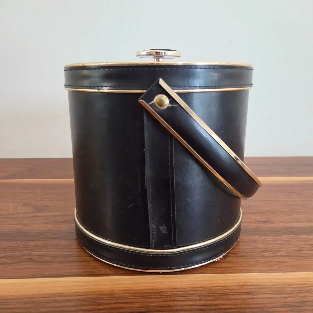 Vintage Mid Century MCM Black Faux Leather Ice Bucket Retro Barware Cocktails